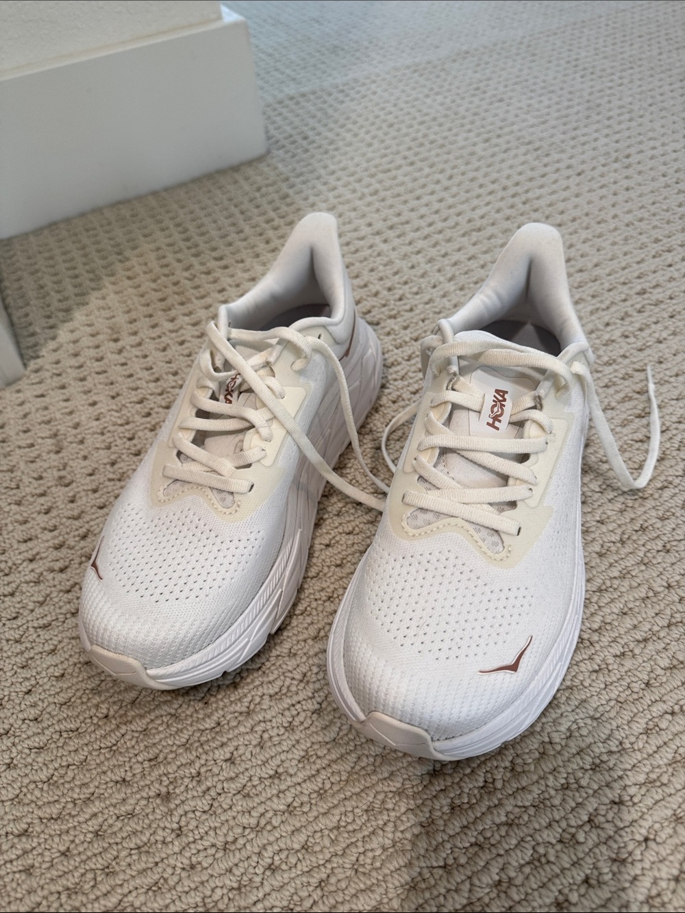 Hoka White Athletic Sneakers with Copper Logo Accent - Picture 2 of 10